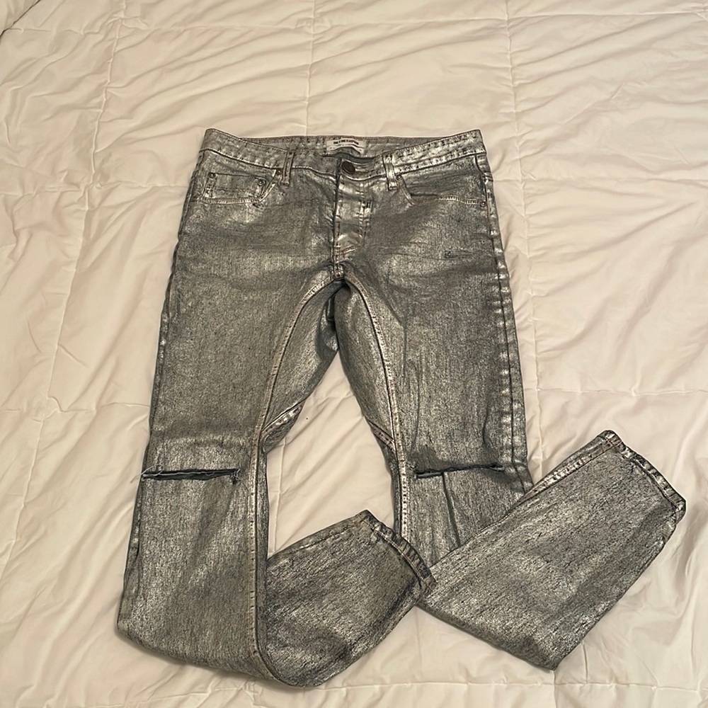 One x Oneteaspoon Shiny Wax Coated Tapered Denim, Size 28